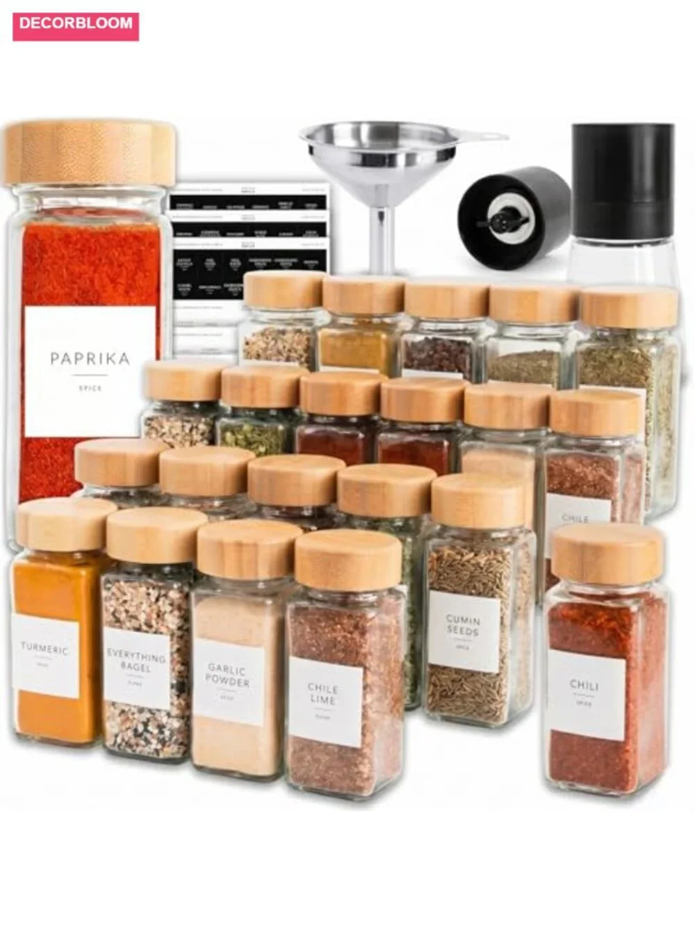24-Pack Glass Spice Jars with Bamboo Lids, Pepper Grinder & Labels
